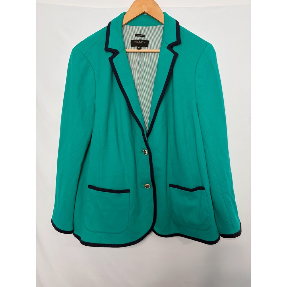 Talbots Woman Aberdeen Blazer 18W Green Navy Trim Gold Crest Button Preppy Knit